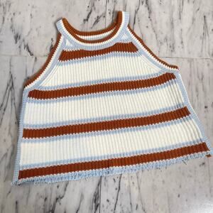 Freshman Striped Crochet Knit Tank Top Orange Blue Cream Sleeveless Size S